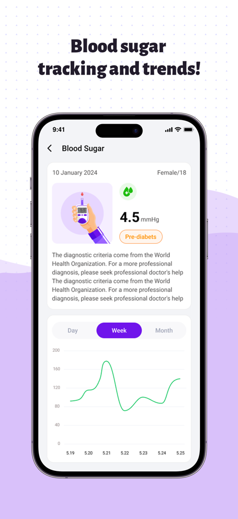 Heartwell app interface showing blood sugar tracking records and a weekly trend graph