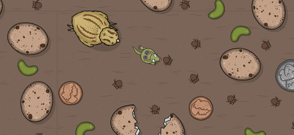 A small green dragon consuming fleas and quail eggs on a wooden surface.