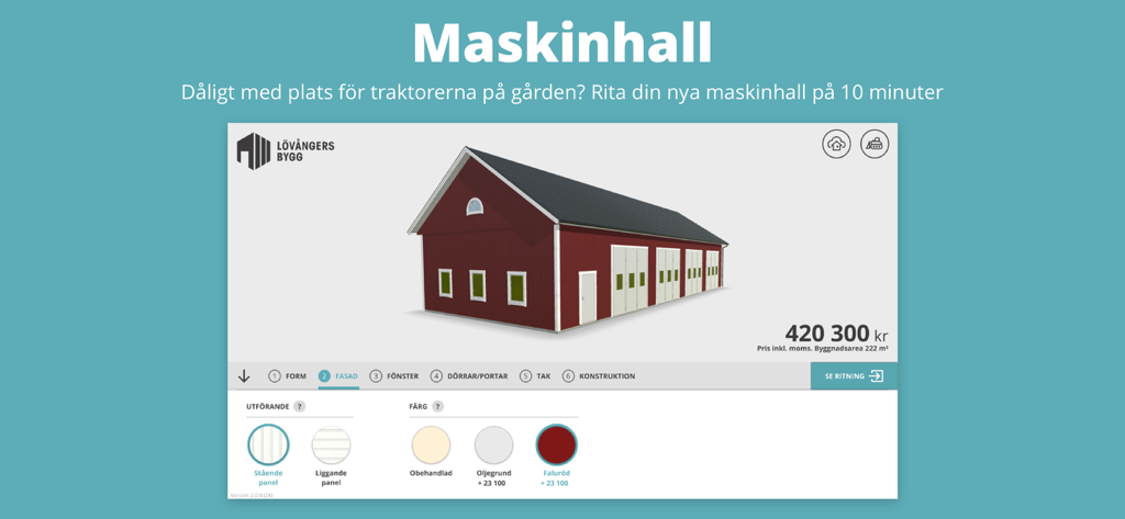 Rita eget med Lövångers Bygg - A 3D design interface for a red machine hall showing exterior customization options and pricing