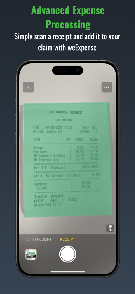 Travelit App-Bildschirm zeigt das Scannen von Belegen für firmeninterne Spesenabrechnungen