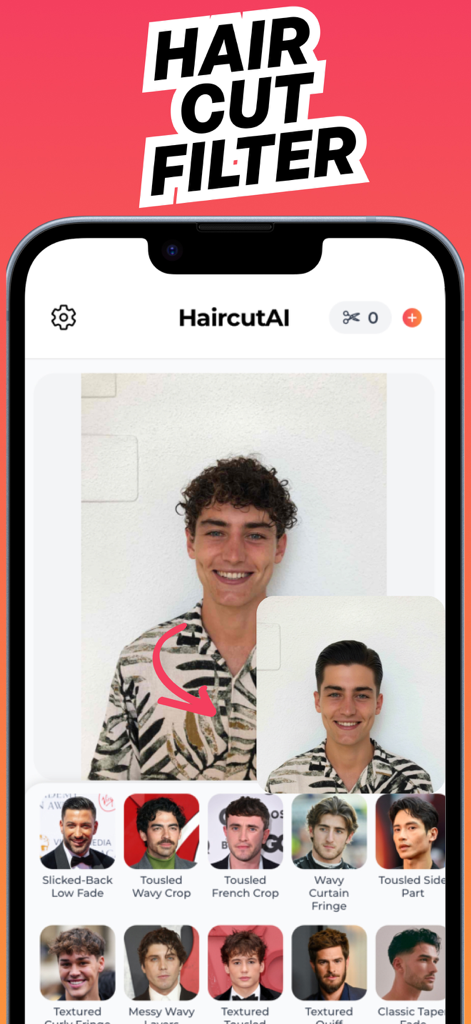Haircut AI: Haircut Try On - Interfaz de la aplicación Haircut AI que muestra a un usuario masculino probándose diferentes peinados con una selección de filtros de corte de pelo
