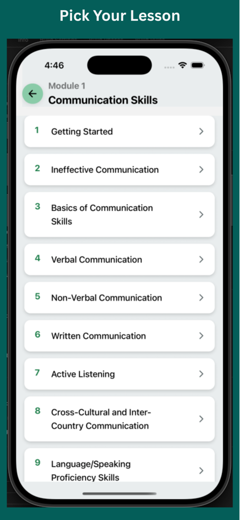 Mobile app screen showing a list of lessons for a Communication Skills module including verbal, non-verbal, and cross-cultural communication.