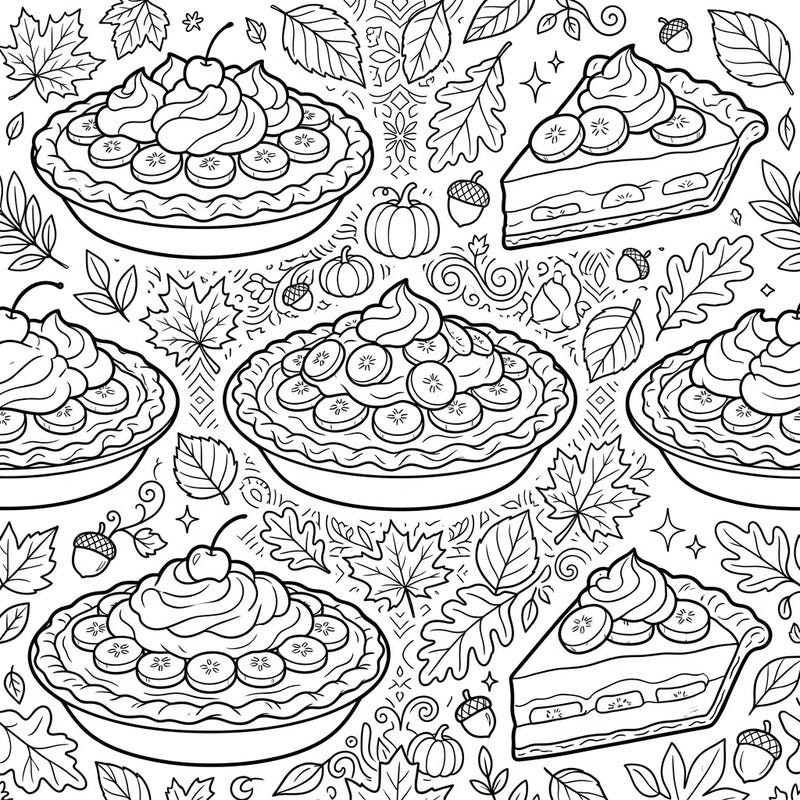 Dive into the delicious world of autumn with this charming banana cream pie coloring page. Celebrate the season by adding vibrant hues to sweet pies and fall foliage, perfect for a cozy activity.