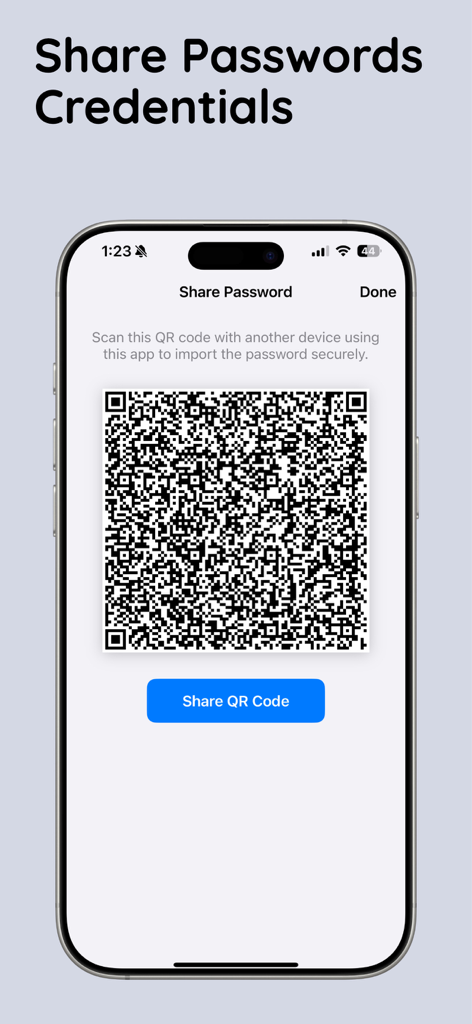 A smartphone screen displaying a QR code for secure password and credential sharing within the Finger Vault app.