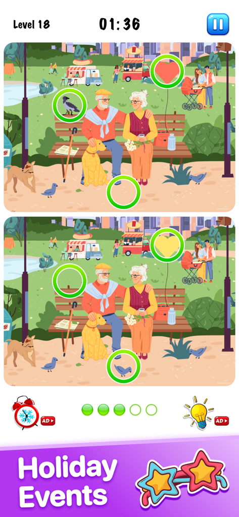 Find the Difference・spot games - Spot the difference puzzle screen featuring a park scene and a holiday events banner
