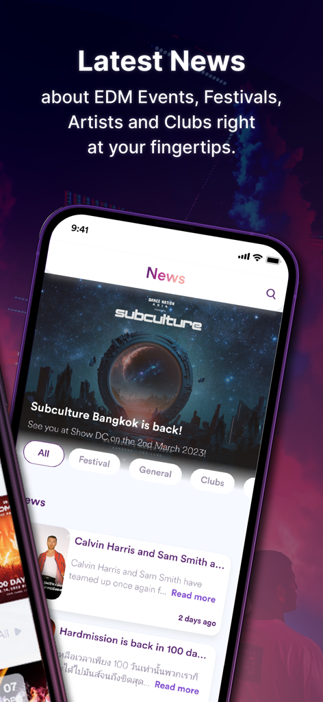 EDM Addicts - EDM Addicts mobile app interface showing the latest news about electronic music festivals and artists