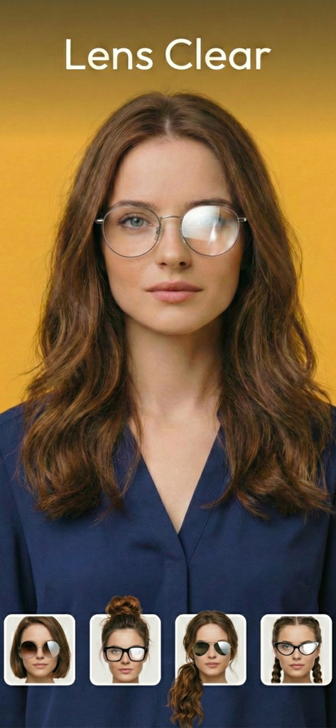 Portrait of a woman with lens glare and reflections showing the Lens Clear AI app interface