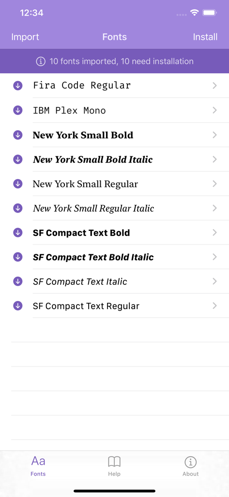 Fontcase - Manage Your Type - Fontcase mobile app screen showing a list of imported custom fonts like Fira Code and SF Compact Text.