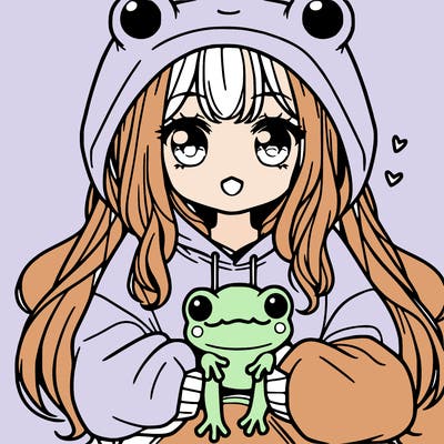 girl with long hair and oversized frog hoodie holding a frog