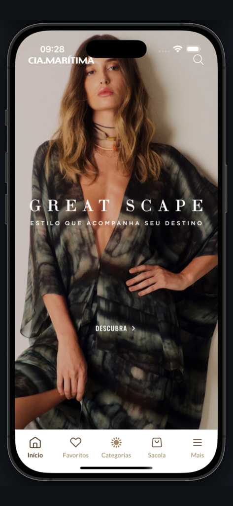 Cia Marítima - Cia Maritima app home screen displaying a woman in beachwear with the headline Great Escape