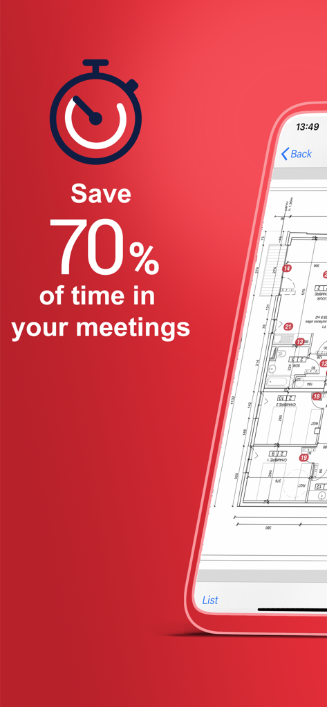 Archipad ™ - Archipad app promotional screen showing seventy percent time savings for construction meetings and a digital floor plan
