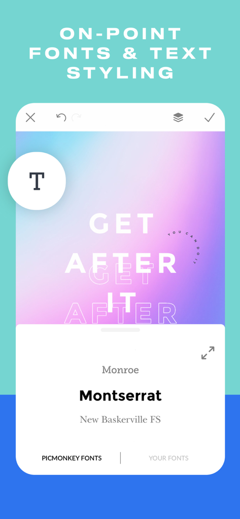 Capture d'écran de l'application PicMonkey montrant l'interface de sélection de polices et le style de texte sur un fond dégradé
