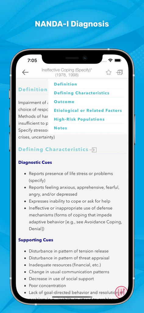 Mobile app screen showing NANDA-I nursing diagnosis details for Ineffective Coping with diagnostic and supporting cues.