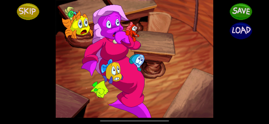 Freddi Fish 2: Haunted School - Freddi Fish y otros personajes luciendo sorprendidos en una escena de aula submarina