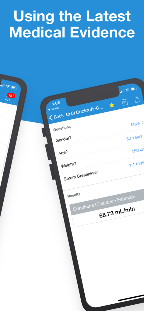 Calculate by QxMD medical app showing a Creatinine Clearance calculator result.