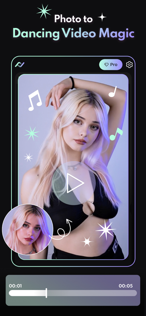 FaceVibe - AI Photo & Video - Interface do aplicativo FaceVibe mostrando o recurso de foto para vídeo de dança com uma jovem loira