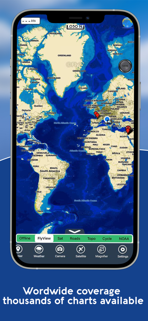 AIS Maps: Marine & Lake charts - スマートフォン画面。海洋ナビゲーションマーカーと数千のチャートが表示された世界地図が表示されています。