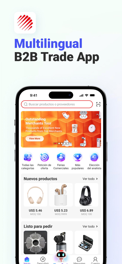 Interface do aplicativo B2B de comércio da Global Sources exibindo eletrônicos no atacado e suporte multilíngue