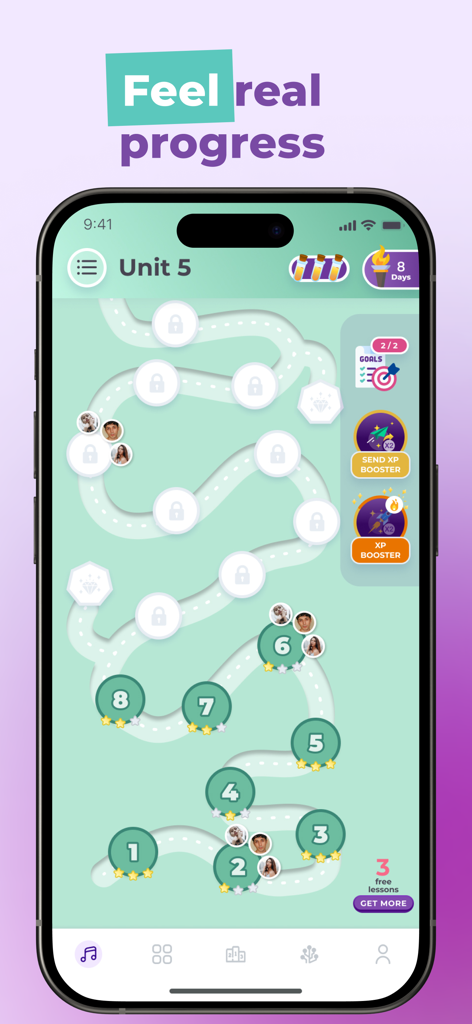 Talented: Music Learning App - Una ruta de aprendizaje musical gamificada en la app Talented que muestra el progreso de las unidades y los logros del usuario