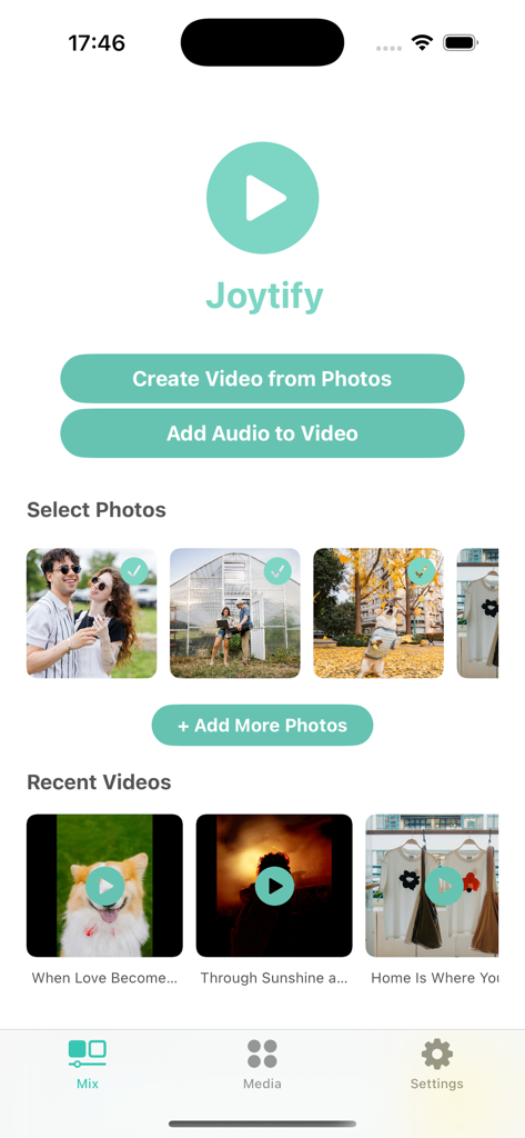Joytify - Music and Video - Tela inicial do aplicativo Joytify mostrando botões de criação de vídeo e galeria de fotos