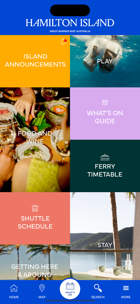 해밀턴 아일랜드 모바일 앱 대시보드에 활동, 다이닝, 교통편 일정 메뉴 타일 표시