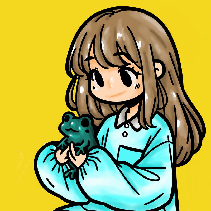 girl with long hair and a oversized shirt. and she is holding a frog