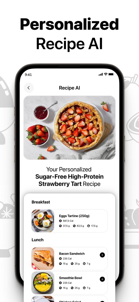 Diet AI - Calorie Counter - Diet AI app screen showing personalized healthy recipes and macro tracking