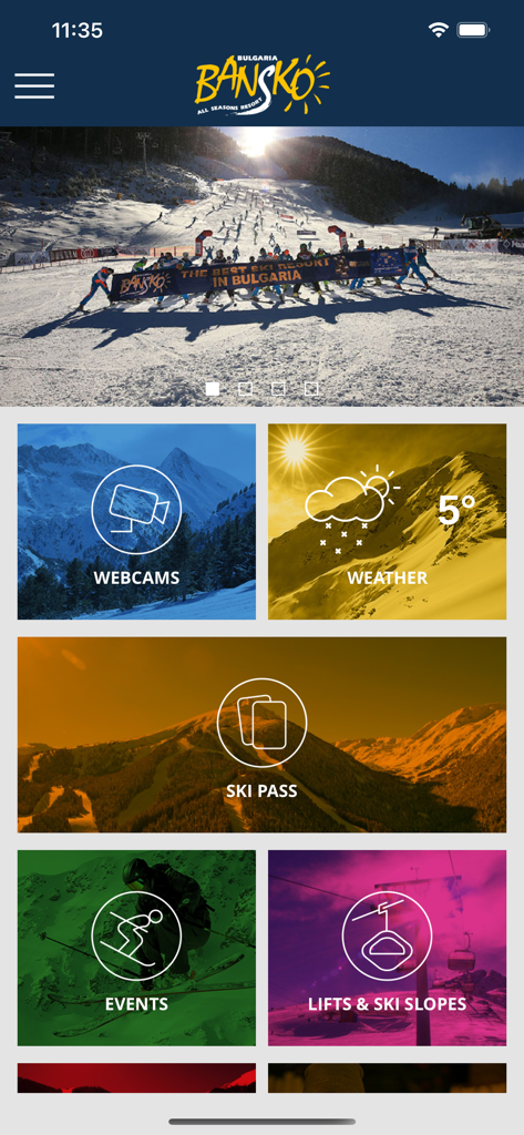 Homepage of the Bansko Ski app showing options for webcams weather ski pass events and lift status