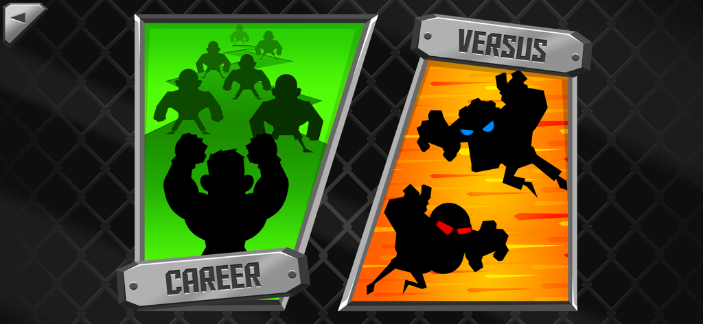Game mode selection screen for UFB 2 showing silhouettes for Career and Versus modes on a chain-link fence background