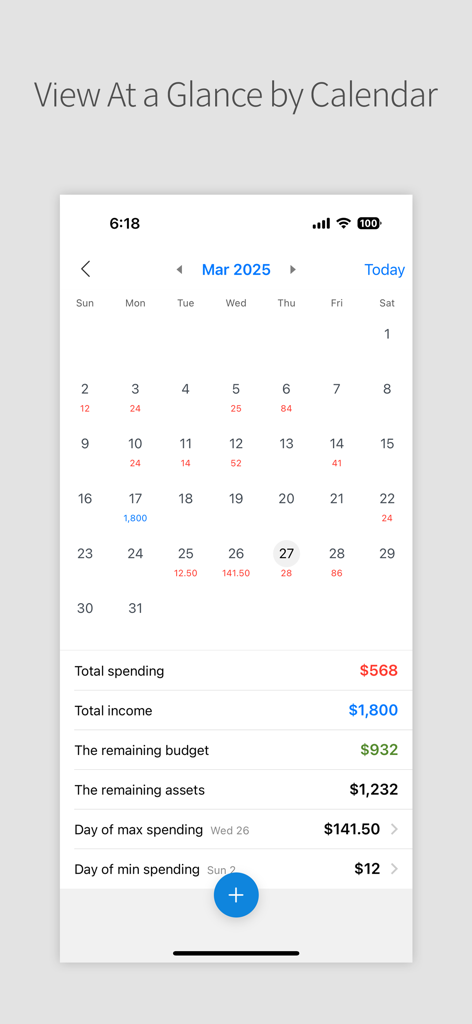Daily Pocket app calendar view displaying daily expenses and monthly budget summary