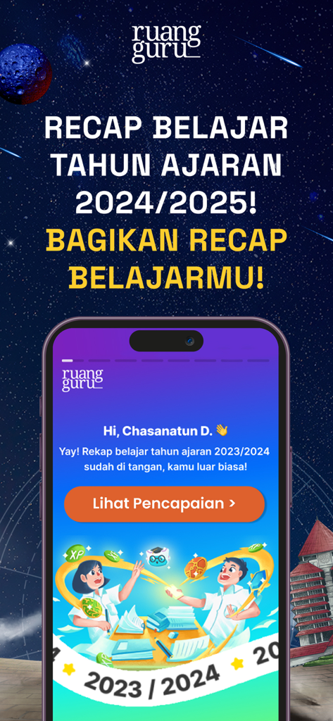Ruangguru – App Belajar No.1 - Ruangguru app interface showing an academic learning recap for the 2024/2025 school year with a button to view achievements
