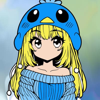 anime girl with chick shaped hat with sweater with bare shoulders with bangs covering them one eye with low tail