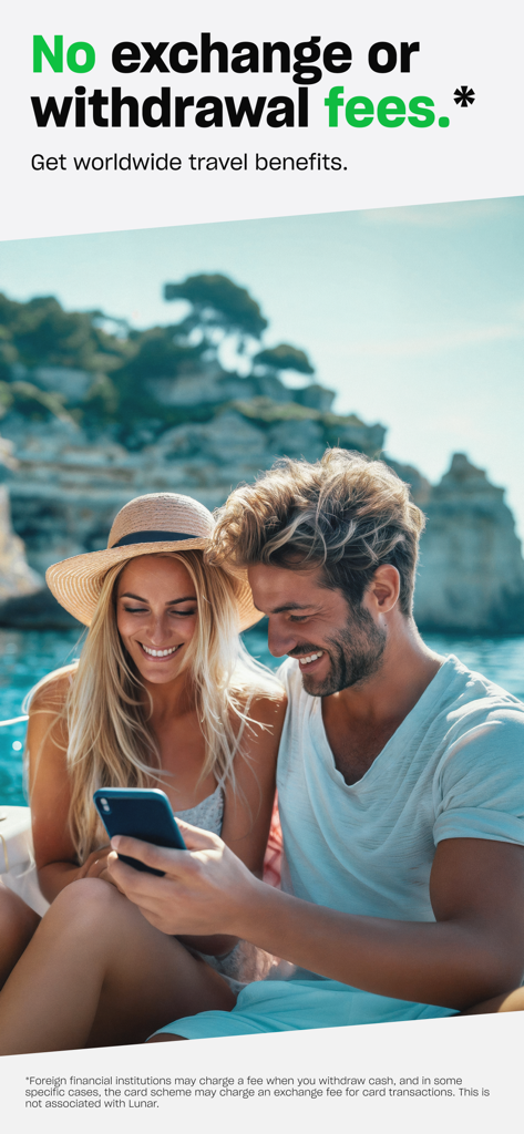 A smiling couple on a boat looking at a smartphone with text overlay promoting no exchange or withdrawal fees for worldwide travel.