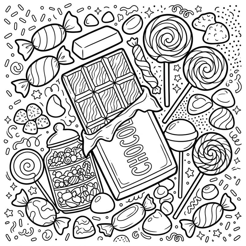 Unwrap a world of sweet imagination with this delightful coloring page packed with chocolates, lollipops, and candies. Designed for young artists, it offers a perfect blend of fun and creativity.