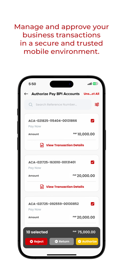BPI BizLink - BPI BizLink app interface for authorizing and managing business transactions securely on a mobile device