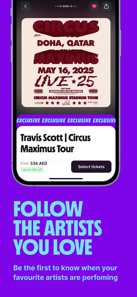 Platinumlist: Events & Tickets - Screenshot of Platinumlist app showing Travis Scott tour tickets and a feature to follow favorite artists for notifications.