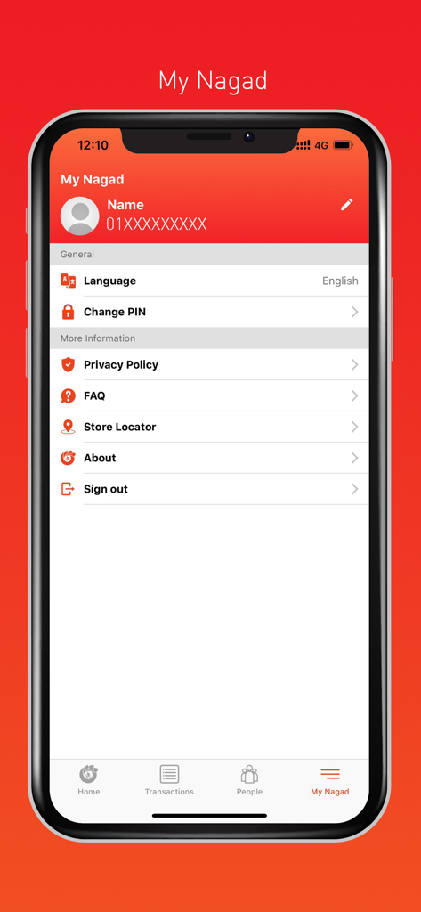Nagad - Pantalla del menú de perfil y configuración de la aplicación Nagad que muestra opciones de cuenta y selección de idioma