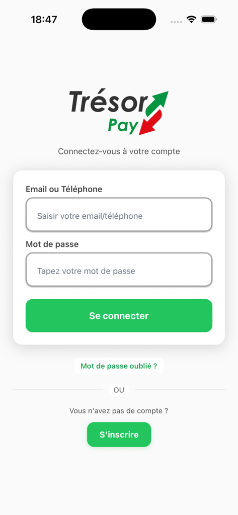 TresoPay - TresoPay mobile app login screen for secure Guinean treasury payments