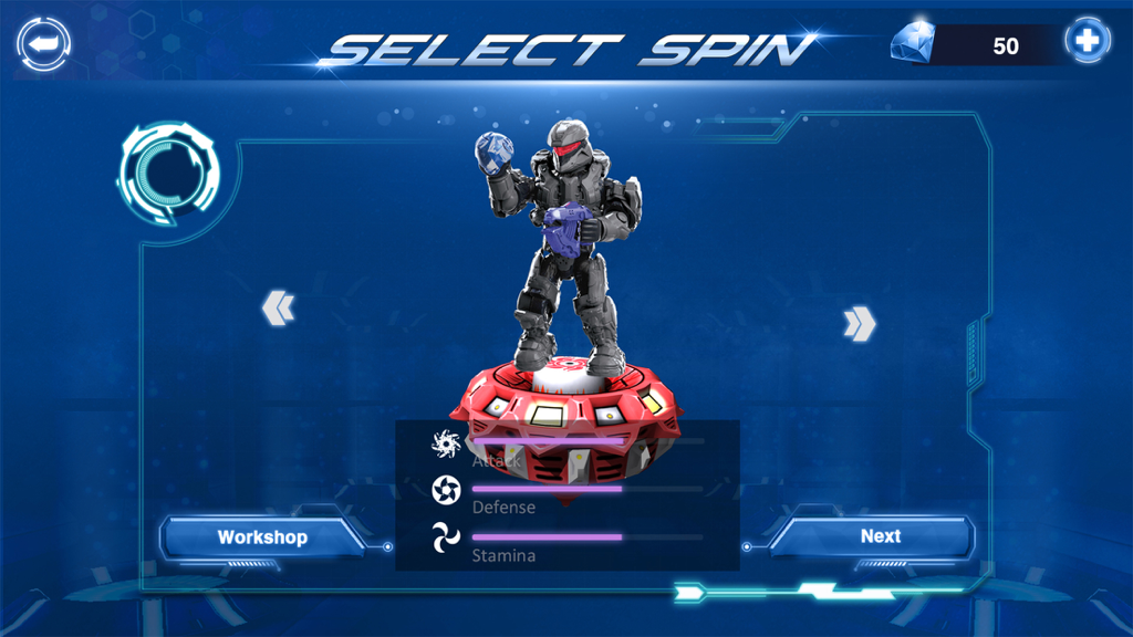 Beyblade : Spin Blade 1 - Game selection screen showing a robot figure on a spinning top with battle stats