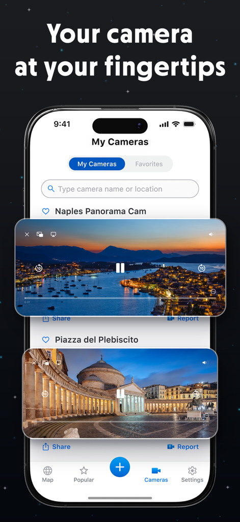 Smartphone screen showing the Live Earth Camera app with saved live streams of Naples Panorama and Piazza del Plebiscito.