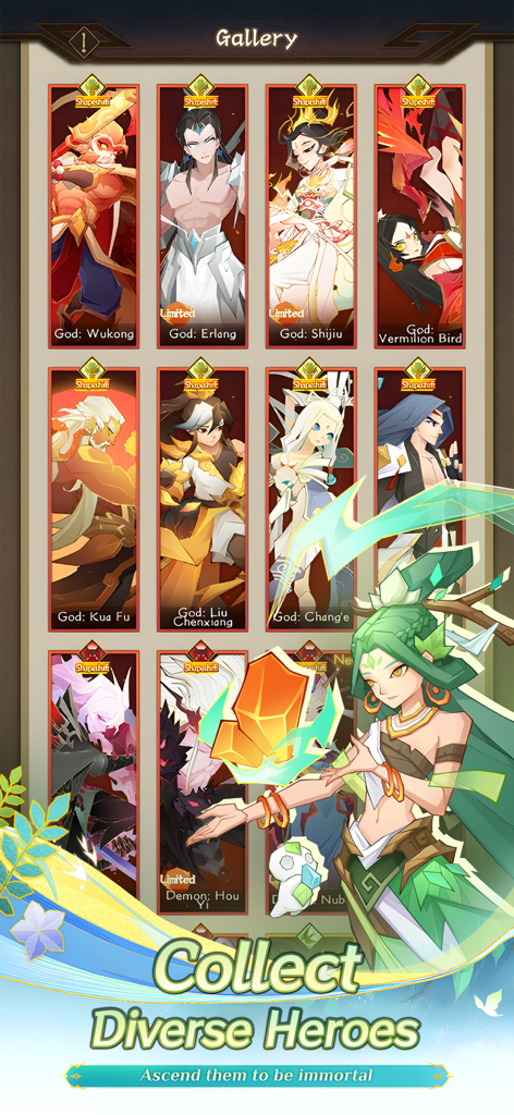 Hero gallery screen in Ultimate Myth showing various mythic characters like Wukong and Chang e for collection