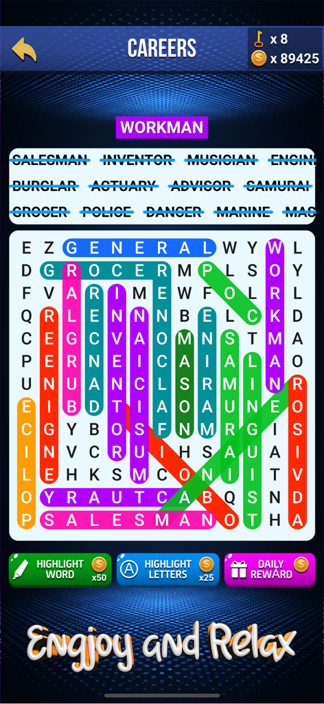 A word search game interface showing a careers category puzzle with various words highlighted in different colors on a letter grid.