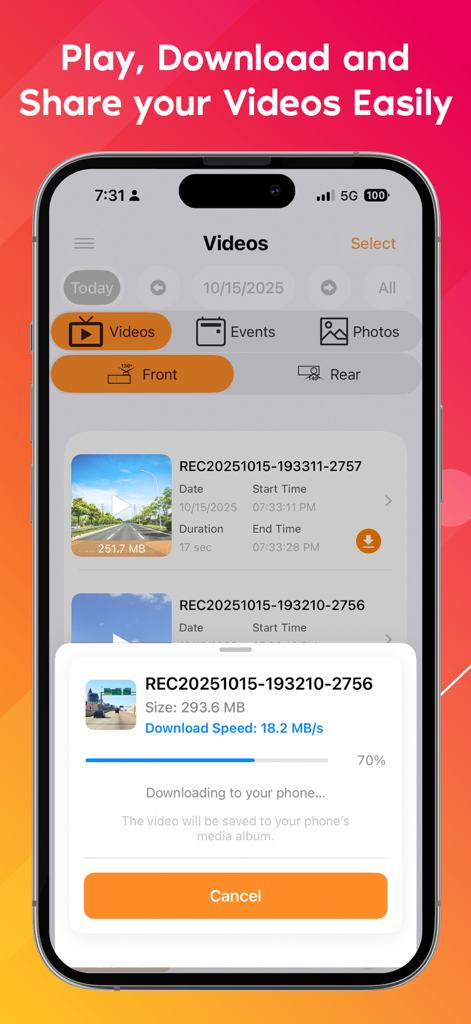 Rove Dash Cam - Rove Dash Cam app interface showing a video file downloading from the camera to a smartphone