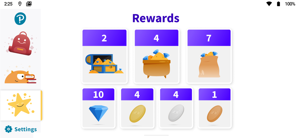 Schermata delle ricompense nell'app Pearson English Portal che mostra gemme raccolte, monete e forzieri per giovani studenti