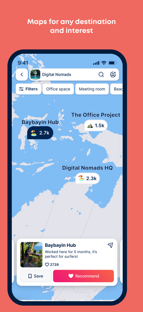 Atly – Know where to go - Atly app screen showing a digital nomad map with markers for coworking hubs and office spaces near a beach.