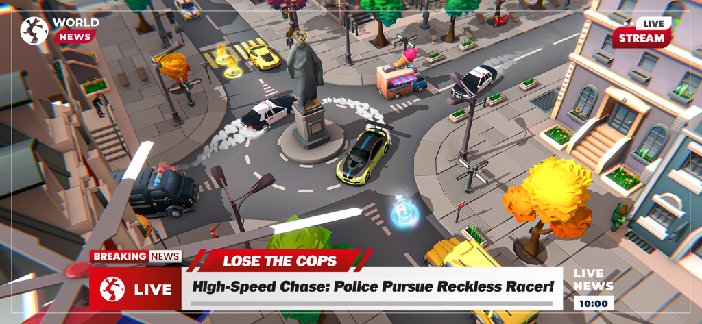 A high speed car pursuit in a city with a breaking news live stream overlay