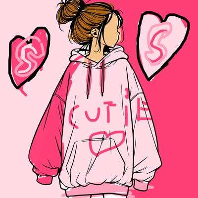 realistic girl with a oversized sweatshirt on and a bun