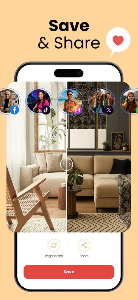Interfaz de aplicación móvil que muestra una comparación de diseño de interiores del hogar con opciones para guardar y compartir en plataformas de redes sociales.
