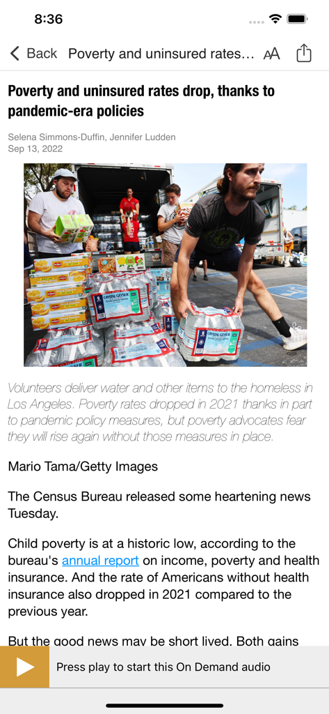 South Carolina ETV - A news article within the South Carolina ETV app with an on-demand audio play button.