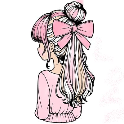 realistic girl  with hip length hair a bun and a big bow on the back of head